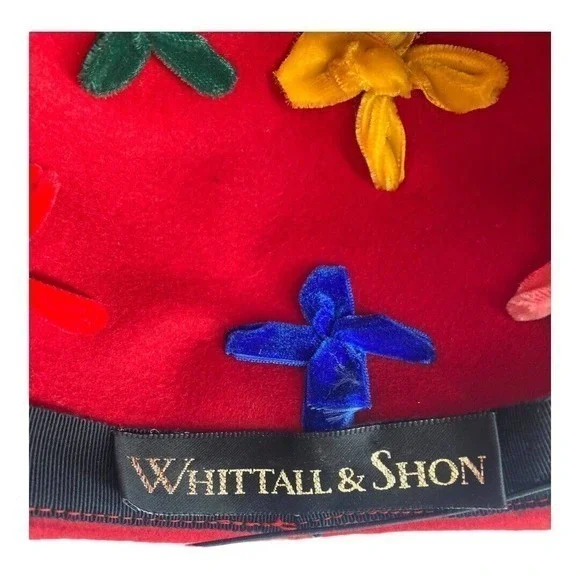 Whittaker & Shon 100% Doeskin Wool Red Felt‎ Hat Velvet Flowers Made In USA - Picture 4 of 15
